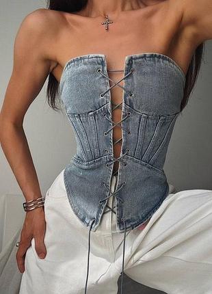 Топ джинсовий зіп на шнурівці plt prettylittlething