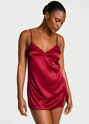 Сатиновый пеньюар victoria's secret tease satin lace-trim mini slip dress