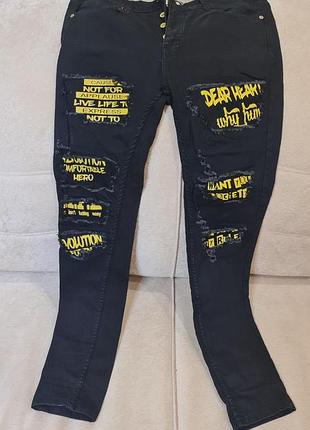 Джинсы мужские демисезонные mn jeans "рваные" с надписями черные 31-32