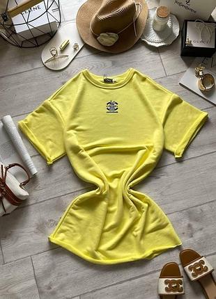 Платье-футболка oversize с тринитки петли пенье, свободный крой, премиум, лимонный, размер oversize