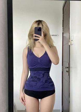 Бесшовная утягивающая 💙 корсетная майка с цветочным узором 🌸 корректирующий топ made in italy ✂️ синяя утяжка живота и талии xl s m l