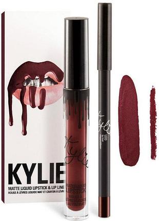 Набір матових рідких помад та олівець для губ kylie birthday edition — стійкі матові помади для губ набором