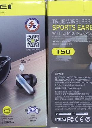 Безпровідні спортивні навушники awei t50 з зарядним кейсом — bluetooth стерео для спорту та бігу