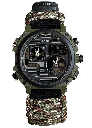 Надежные наручные часы skmei paracord 2202cmgn в зеленом камуфляже с компасом, термометром, свистком и кресалом