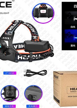 Налобный светодиодный фонарь bailong pl-107l с многоцветной подсветкой red, green, blue, white, 2x18650, зарядка type-c, tg led,