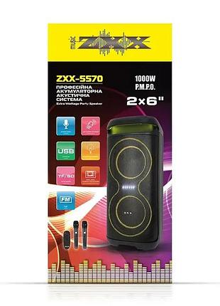Переносна акустична колонка zxx-5570 30 вт, 2×6" динаміки, usb, tf, fm, bluetooth, tws, 2 мікрофони, пульт дистанційного керування