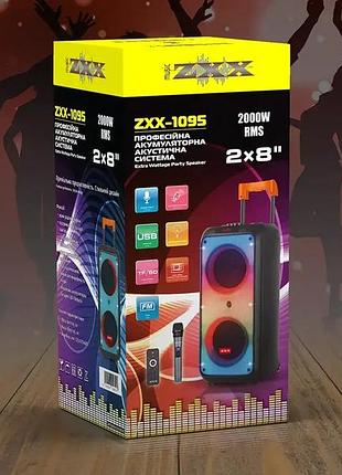 Мощная портативная акустическая колонка zxx-1095/6297 80 вт, 2×8" с bluetooth, tws, fm, usb, tf, rec, led, микрофон и пультом ду