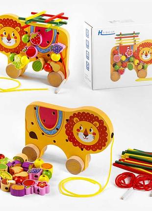 Деревянная игрушка-каталка "львёнок" с шнуровкой и брусочками в коробке