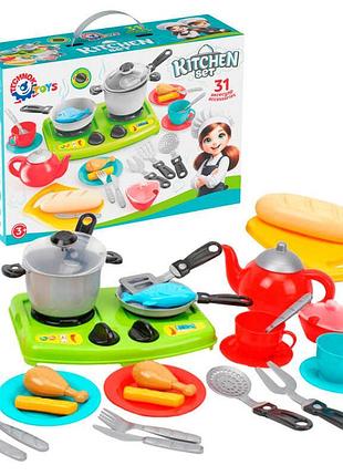 Набір дитячого кухонного посуду technok toys 3366 з яскравою зеленою плитою та аксесуарами для сюжетних ігор