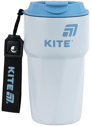 Термокружка для напитков 450 мл бело-голубая k25-1220-2 kite с крышкой и ремешком