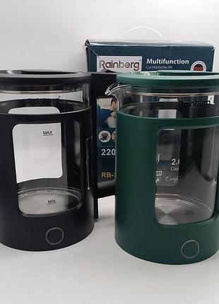 Стеклянный чайник rainberg rb 2220 — стильный и функциональный, термостойкое стекло, удобная ручка, прозрачный дизайн