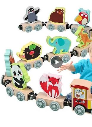 Дерев'яний магнітний потяг 66930 wtoys «пригоди звірят» з іграшковими фігурками