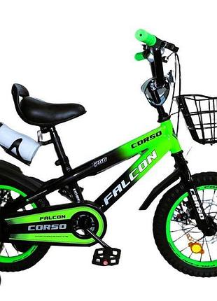 Дитячий велосипед corso falcon 14" fc-14654 з додатковими колесами та кошиком