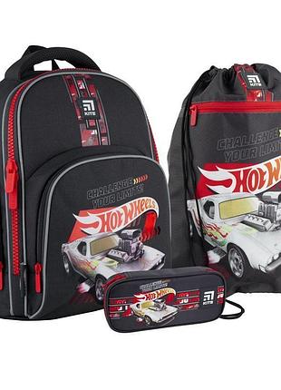 Рюкзак дитячий із принтом hot wheels set-hw21-706s kite з пеналом і сумкою для взуття