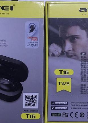 Беспроводные спортивные наушники awei t16 с зарядным кейсом — bluetooth гарнитура для спорта и тренировок
