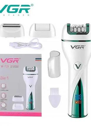 Епілятор vgr v-728 3-в-1 з дисплеєм, триммером, бритвою та usb-зарядкою — багатофункційний прилад для епіляції та гоління