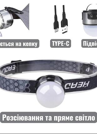Компактний налобний фонар pl-125 xpc+cob з акумулятором та зарядкою type-c