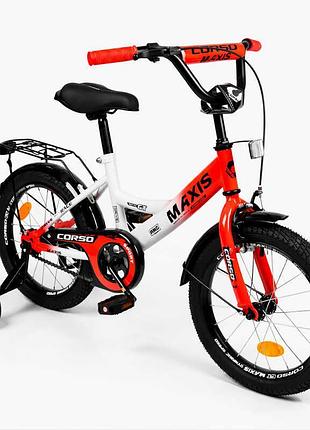 Детский двухколесный велосипед 16 дюймов corso maxis mx-23965 с дополнительными колесами