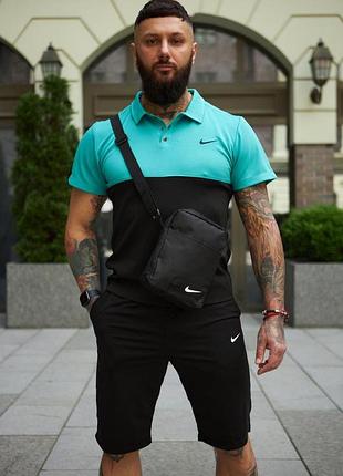 Комплект мужской nike: поло бирюзово-черное + шорты черные + борсетка черная #