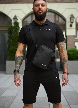 Комплект мужской nike: поло черное + шорты черные + борсетка черная