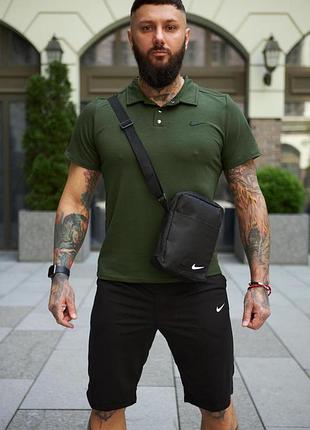 Комплект мужской nike: поло трикотажное хаки + шорты трикотажные черные + борсетка черная