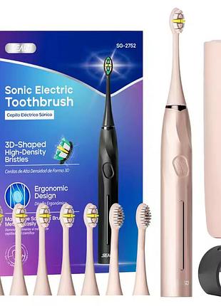Доросла електрична зубна щітка звукова бездротова seago sonic sg2752 з таймером та інтервальною чисткою 5 режимів 8 насадок + кейс