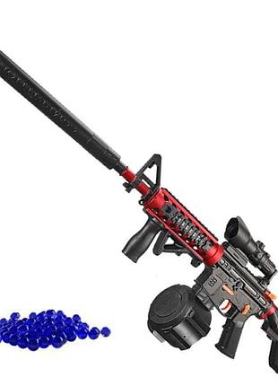 Дитячий іграшковий гель бластер на орбізах m416 орбіган + глушник + оптика + обойма барабан 95 см червоний