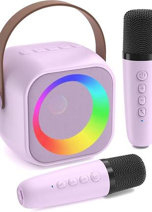 Детская караоке-система jeefu k68 с 2 беспроводными микрофонами, bluetooth колонка, rgb-подсветка, портативная, фиолетовая (новая)