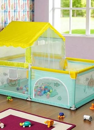 Детский игровой манеж с москитной сеткой и съемной крышей 120х180 см / безопасная площадка для младенцев