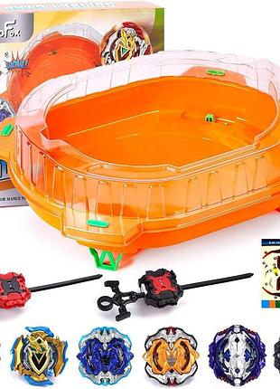 Ігровий набір дзиґ beyblade cocofox battling top burst (6 дзиґ, 2 пускові пристрої, арена з дахом / помаранчевий)