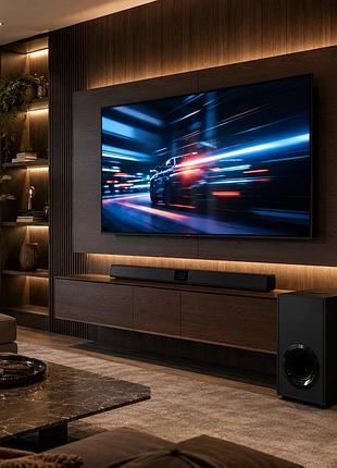 Компактный черный саундбар со встроенным сабвуфером и bluetooth для телевизора и музыки