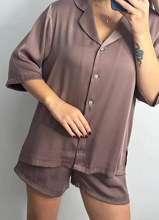 Женский костюм-двойка из сатина шоколадный xl-2xl