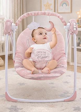 Електричний колисковий шезлонг з таймером та регулюванням спинки рожевого кольору / дитяче крісло-гойдалка з підвісними іграшками