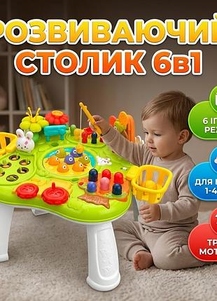 Детский развивающий столик для мелкой моторики / интерактивный игровой центр 6в1 с магнитной рыбалкой и сортером из пластика