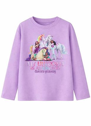 Лонгслив для девочки с единорогами unicorn academy футболка с длинным рукавом хлопковая сиреневая 134-140