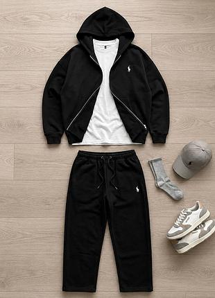 Спортивний костюм polo ralph lauren із зип-худі, кофта поло ральф лорен із широкими штанами, чорний комплект чоловічий l