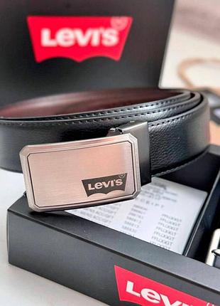Чоловічий подарунковий набір, шкіряний ремінь levis з двома пряжками, ремінь левайс зі шкіри двосторонній чорного кольору