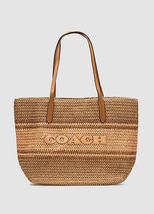 💎 coach city tote bag leather-trimmed straw honey brown multi