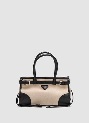 💎 prada bonnie small handbag in canvas and leather beige/black