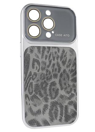 Чехол aito pu-leather leopard case противоударный для iphone 14 pro серый с защитой камеры