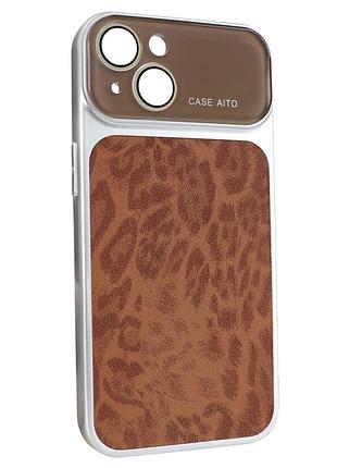 Чехол aito pu-leather leopard case противоударный для iphone 13 14 15 коричневый с magsafe
