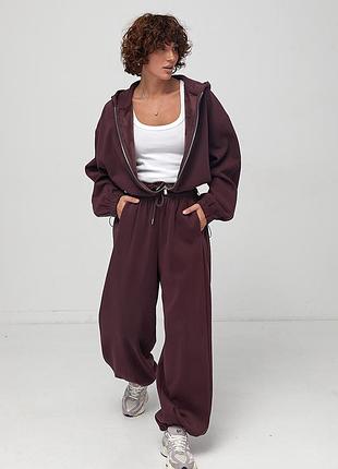 Теплий спортивний костюм із контрастними швами, баклажан, one size