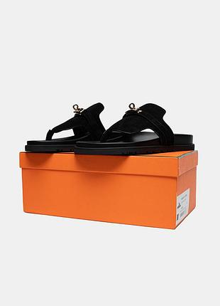 Hermès empire suede slippers black