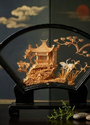 Пара винтажных китайских объемных диорам из пробкового дерева (cork carving / cork sculpture). коллекционные сувениры ручной работы