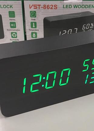 Настольные часы от сети+батарейка с зеленой подсветкой, датой, температур art-862s-4 (80)