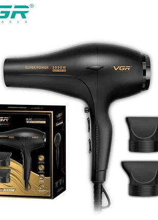 Фен профессиональный vgr v-406 black, 3 уровня обдува, 3 уровня температуры, 2 насадки, 3
