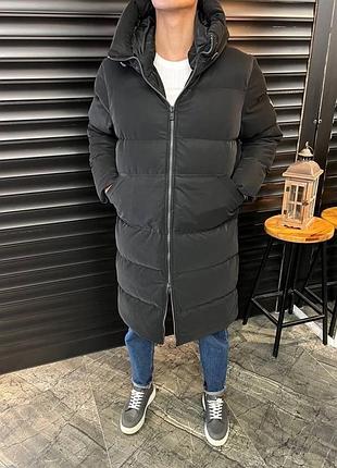 Зимний пуховик, кожанный черный cas