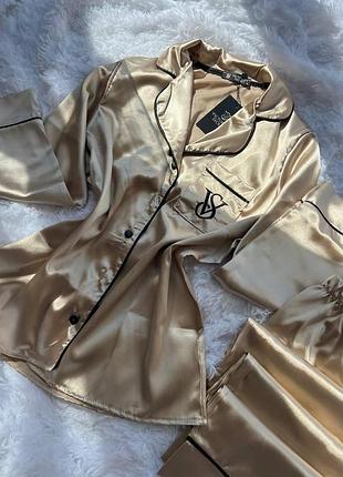 Піжама жіноча бежева шовкова victoria's secret satin – сатинова піжама вікторія сикрет