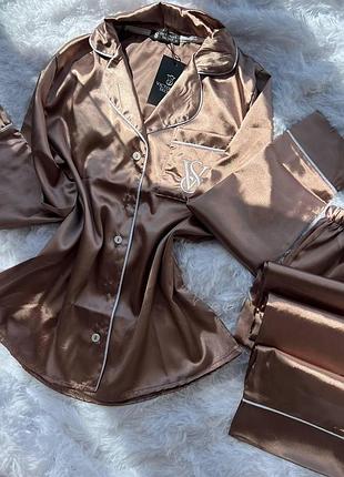 Піжама жіноча мокко шовкова victoria's secret satin – сатинова піжама вікторія сикрет