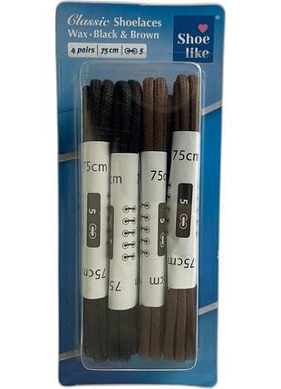 Круглые вощеные шнурки из хлопка 90 см, 4 пары (2 черные + 2 коричневые), shoe like